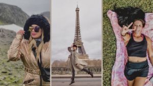 A collage of three travel bloggers. The woman on the left is wearing a rose gold jumpsuit, the woman in the middle is posing in front of the Eiffel Tower, and the woman on the right is laying down on a pink blanket.