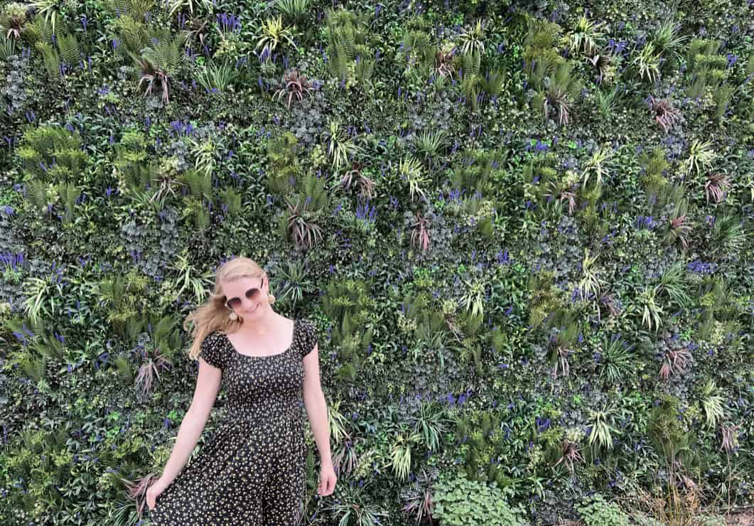 Stephanie (the author of this blog) wearing round sunglasses and a black dress with yellow flowers on it. She is standing in front of a wall covered in a variety of green plants.