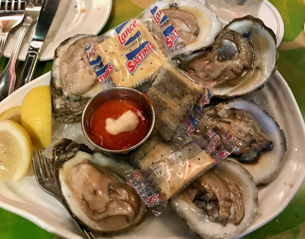 A half dozen raw oysters on a plate with saltine crackers, lemons, and a mixture of cocktail sauce and horseradish