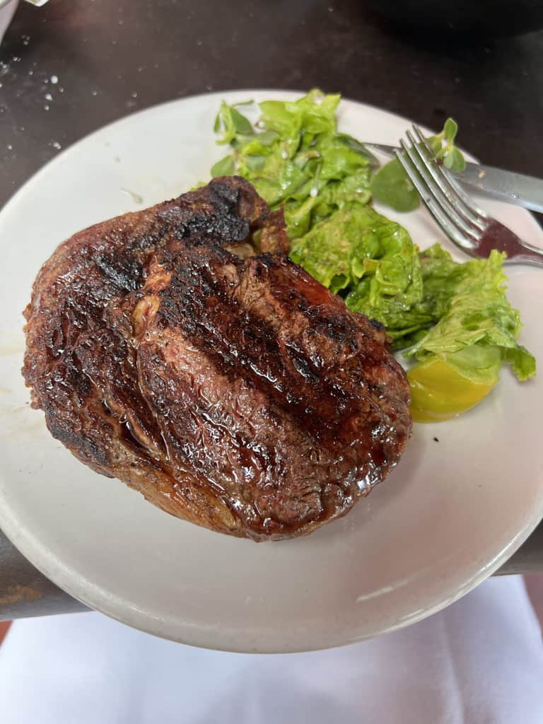 A large steak from Don Julio cooked medium well paired with a side salad