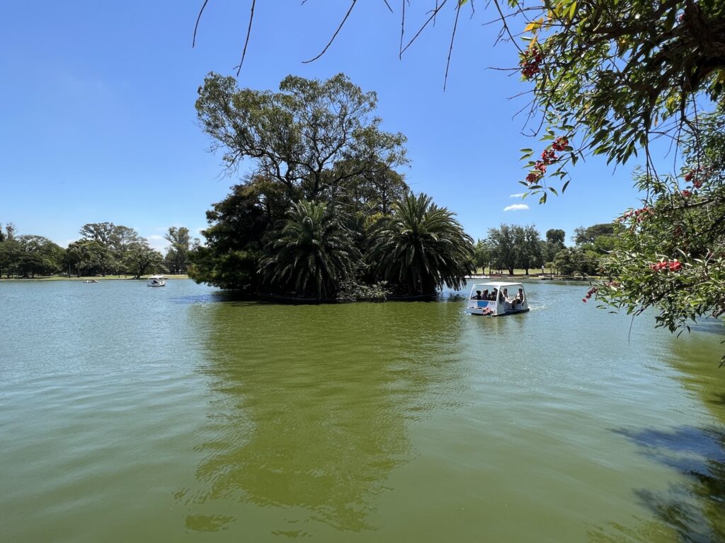 A lake with a lush island in the middle. A pedal boat is on the water.